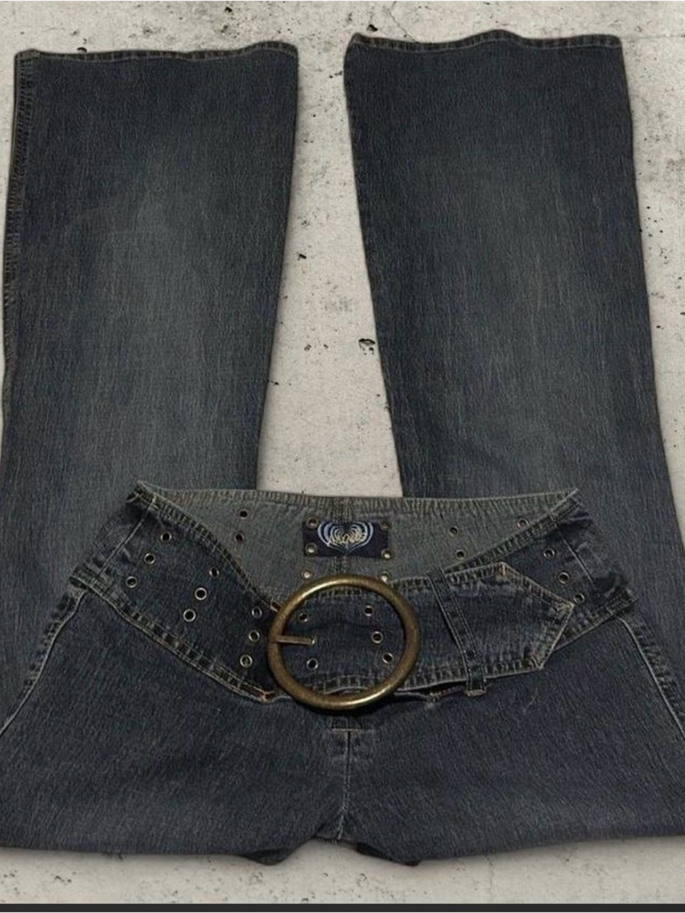Y2K Angels Low Rise Flare Jeans Oversized Buckle Grommet Belt
